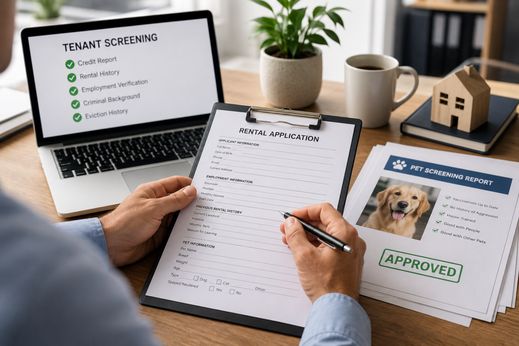 person going through a rental application with a pet screening report. computer, mug, plant, book, and wooden house figure are in the background.